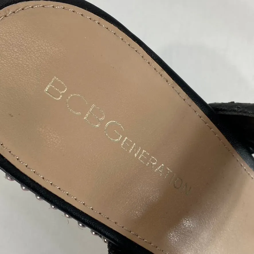 BCBGENERATION Women's Black Jenni Snake Embossed Stone Trim Stiletto Sandal SZ10