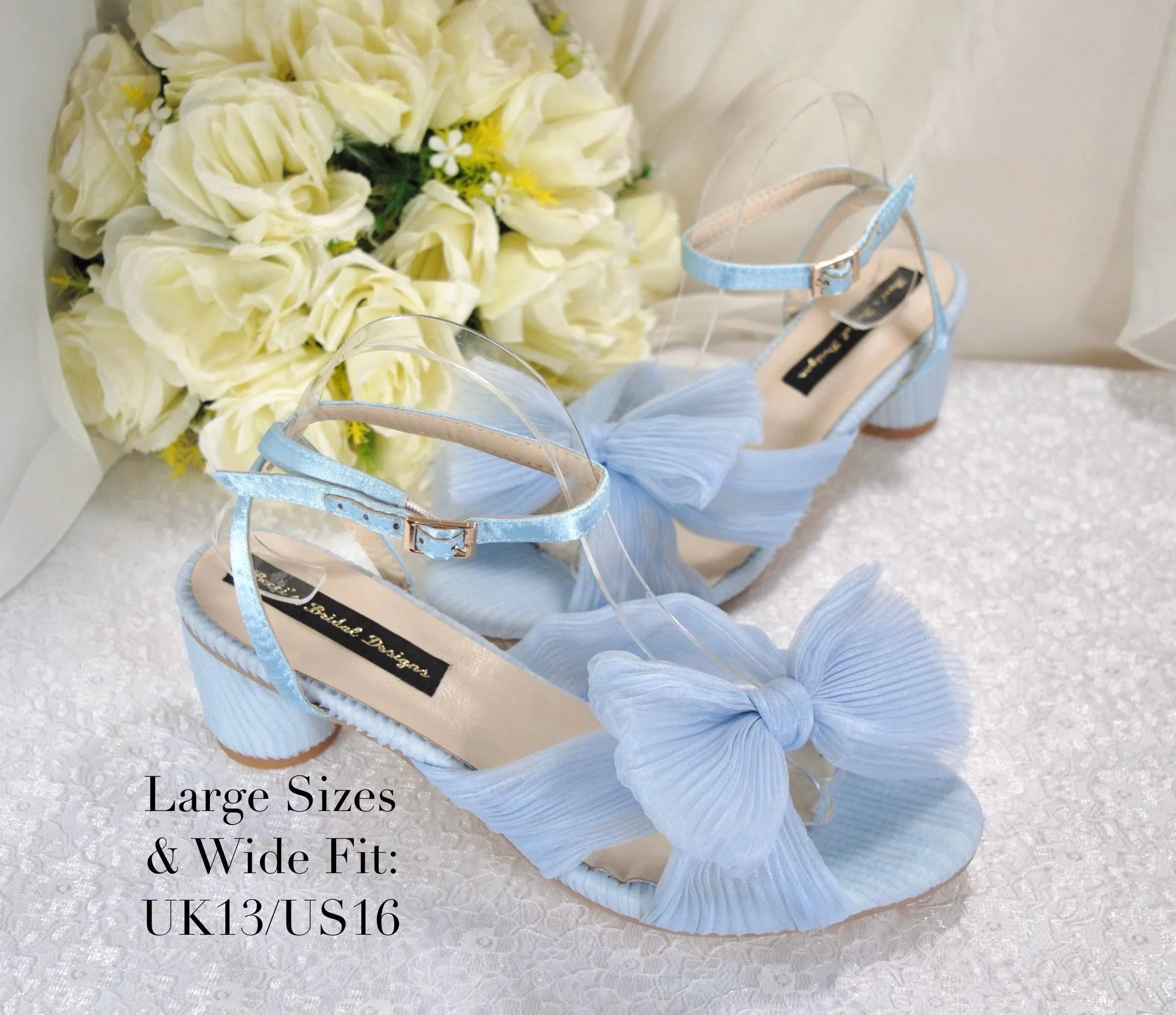 Blue or White Wedding Sandals Block Heels Bridal Shoes with Bow Wide Fit Shoe