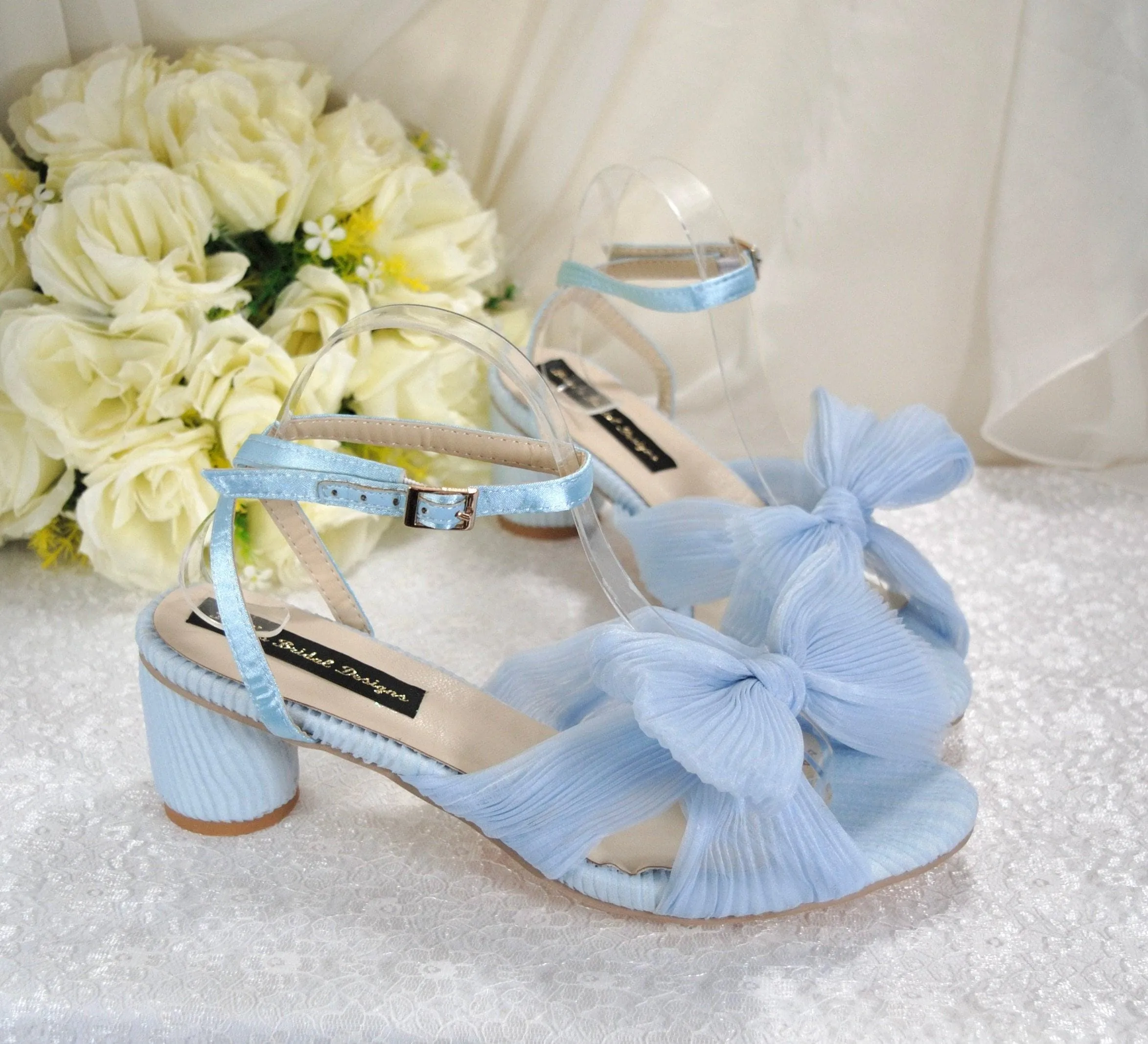 Blue or White Wedding Sandals Block Heels Bridal Shoes with Bow Wide Fit Shoe