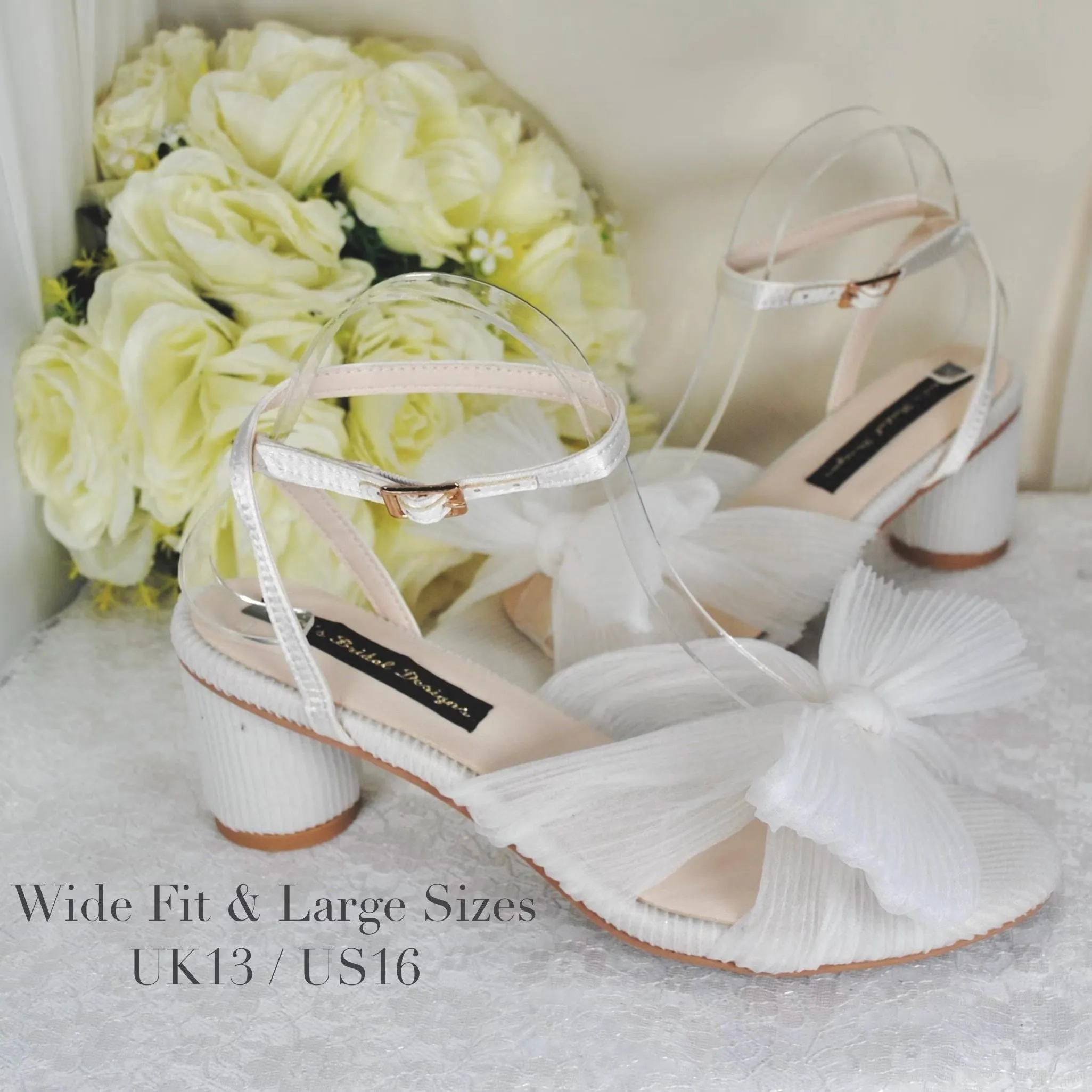 Blue or White Wedding Sandals Block Heels Bridal Shoes with Bow Wide Fit Shoe