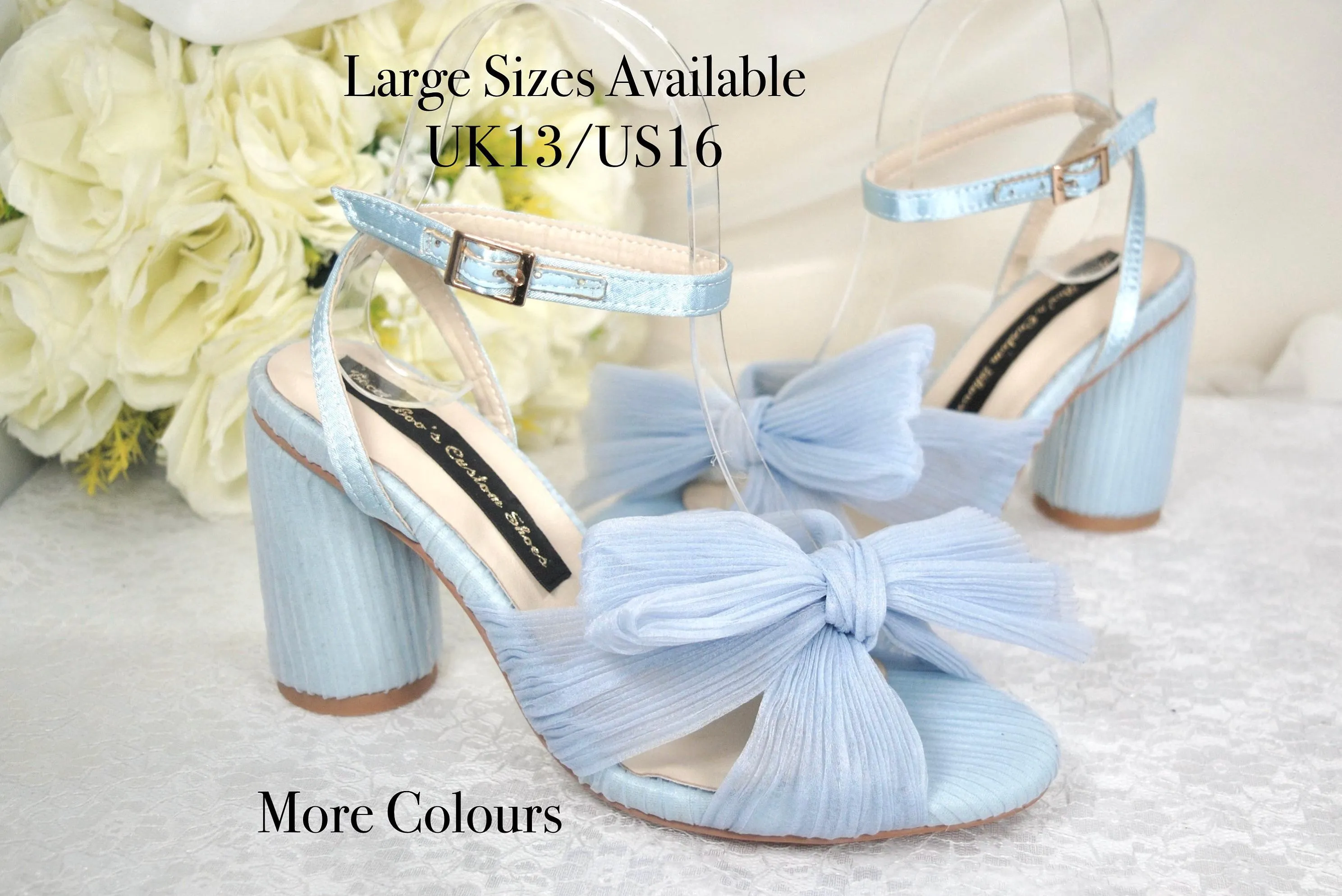 Blue or White Wedding Sandals Block Heels Bridal Shoes with Bow Wide Fit Shoe