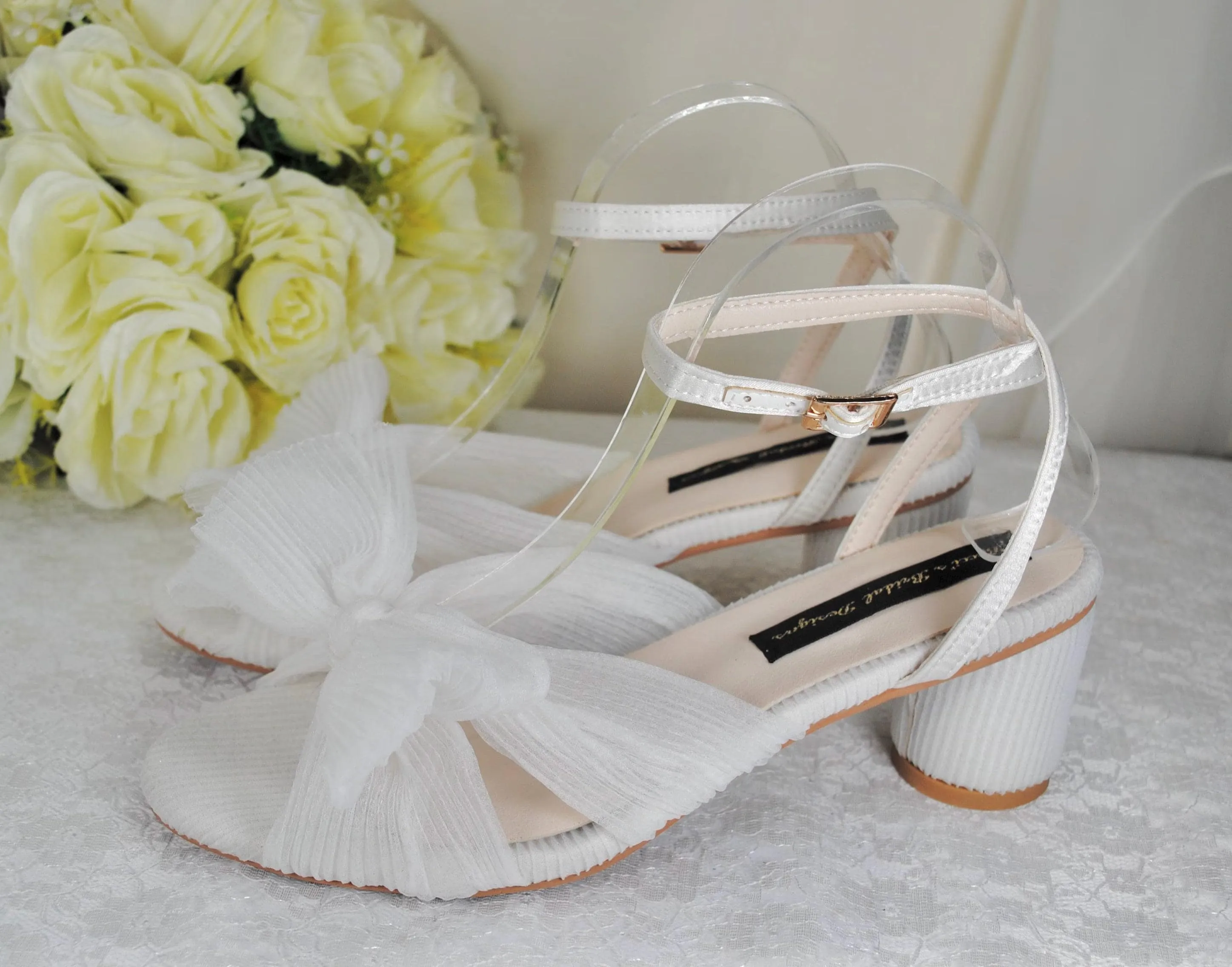 Blue or White Wedding Sandals Block Heels Bridal Shoes with Bow Wide Fit Shoe