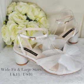 Blue or White Wedding Sandals Block Heels Bridal Shoes with Bow Wide Fit Shoe