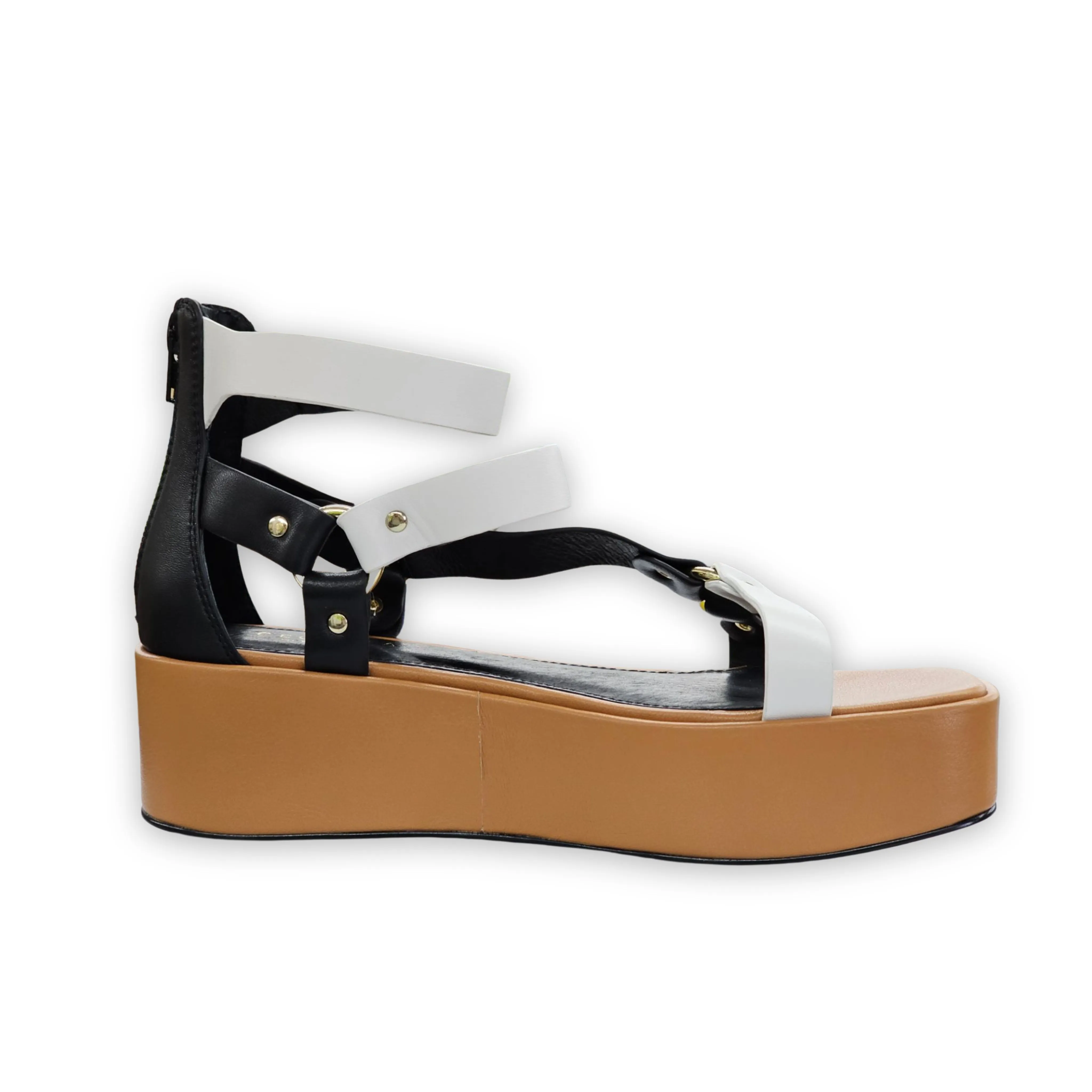 Cecelia New York Mighty Black White Buckle Ankle Strap Open Toe Platform Sandals
