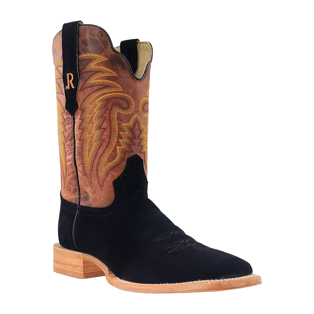R. Watson Men's Roughout Wide Square Toe Western Boot in Black