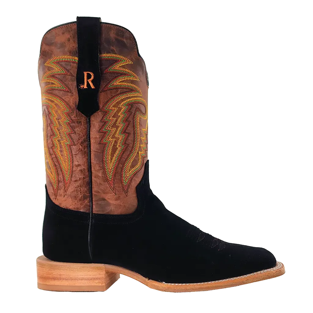 R. Watson Men's Roughout Wide Square Toe Western Boot in Black