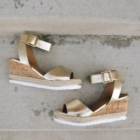 Women Chunky Strappy Adjustable Buckle Wedge Sandals
