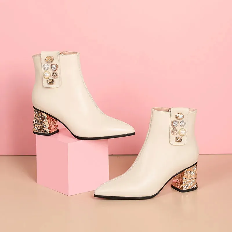 Women Genuine Leather Electroplated Ankle Boots