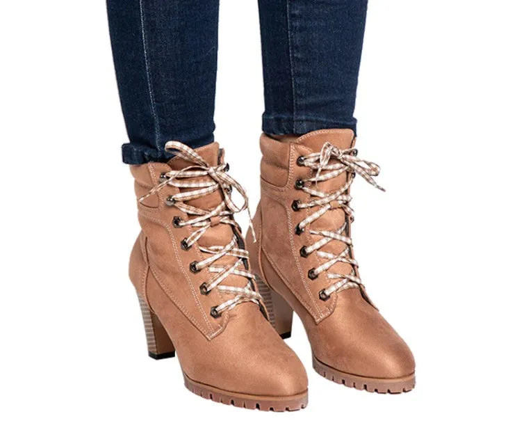 Women's Autumn/Winter Square-Heeled Lace-Up Ankle Boots
